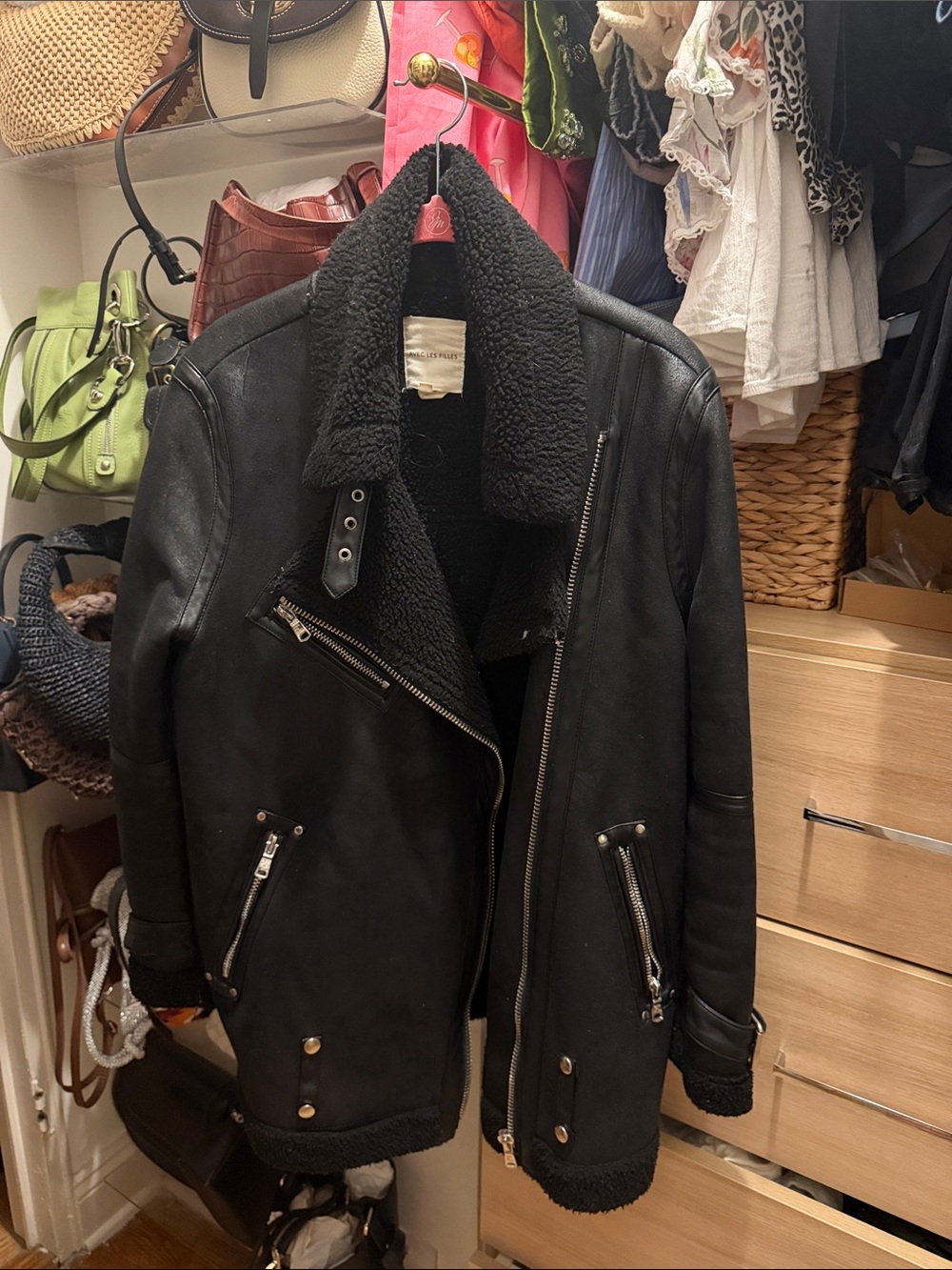 Avec Les Filles Black Shearling-Trim Leather Jacket